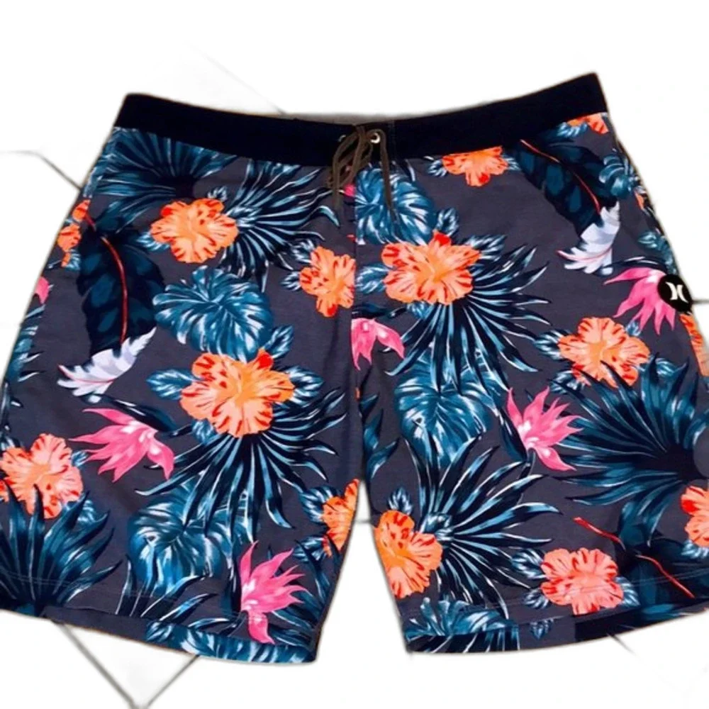 Hurley Men's Board Shorts Floral Tropical‎ Hibiscus Swim Trunks Blue 36